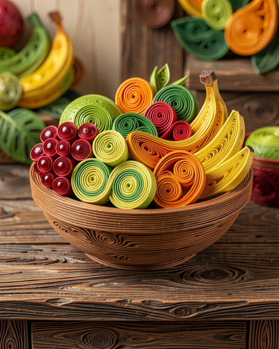 A cozy still life of a wooden bowl piled high with fresh tropical fruit on a rustic wooden farmhouse table, in a fresh palette of green, red, and gold, framed with a shallow depth of field on the main subject.