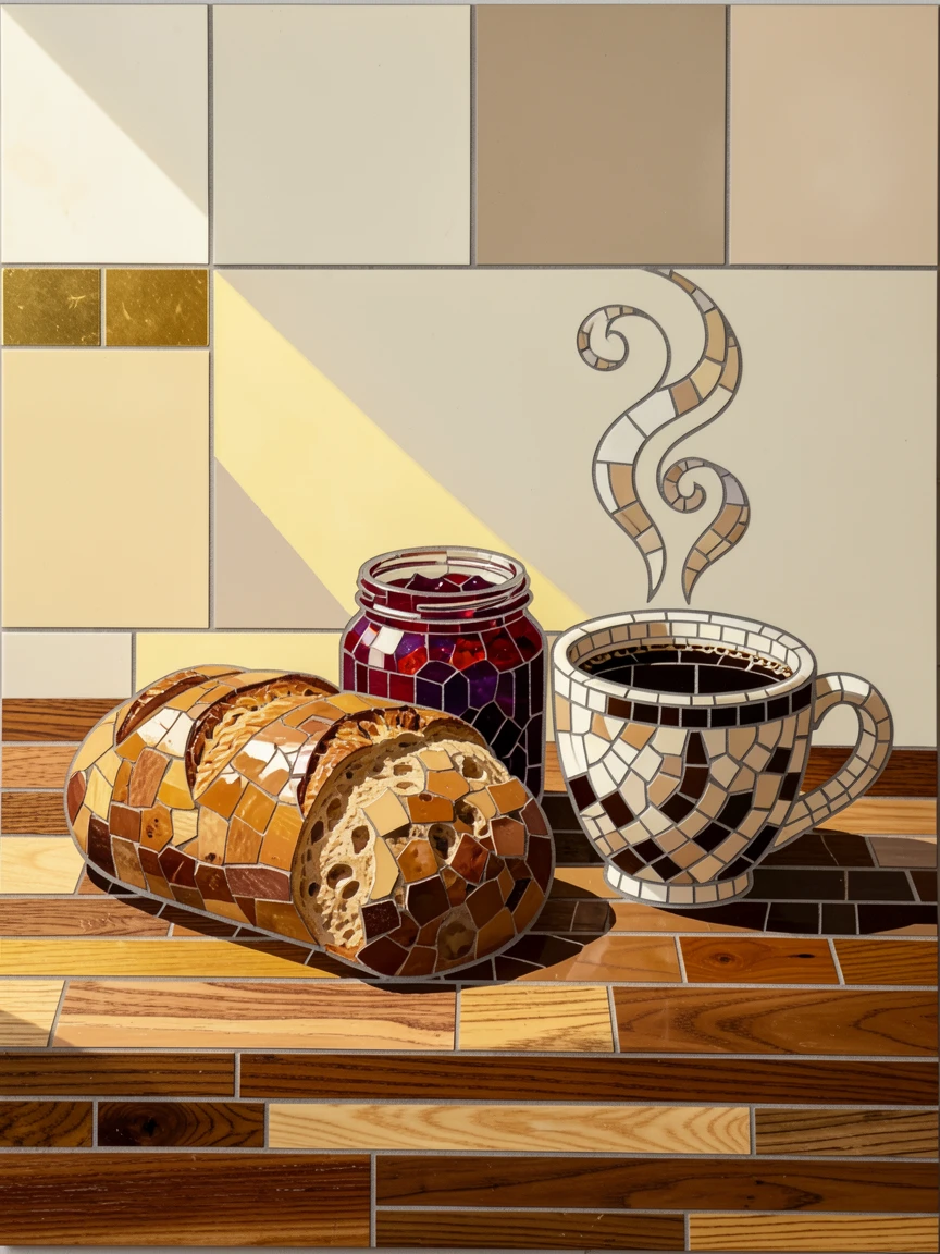 A rustic breakfast spread with fresh bread, jam, and coffee on a wooden table, styled beautifully with warm natural window light.