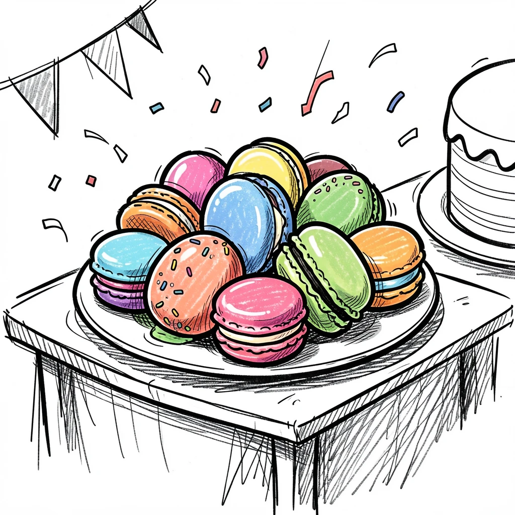 A plate of colorful macarons on a table set for a birthday party.