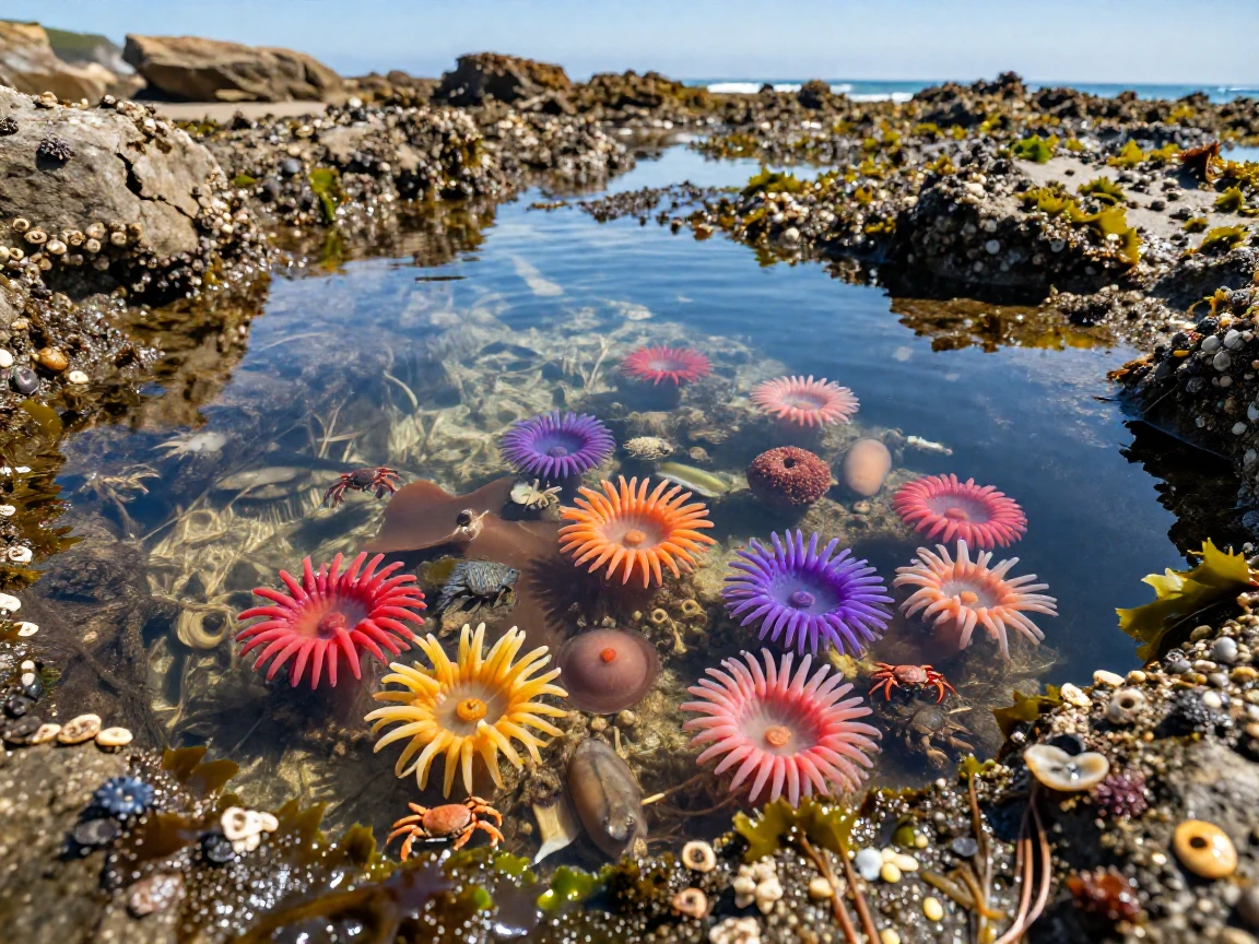 A tide pool teeming with colorful sea anemones