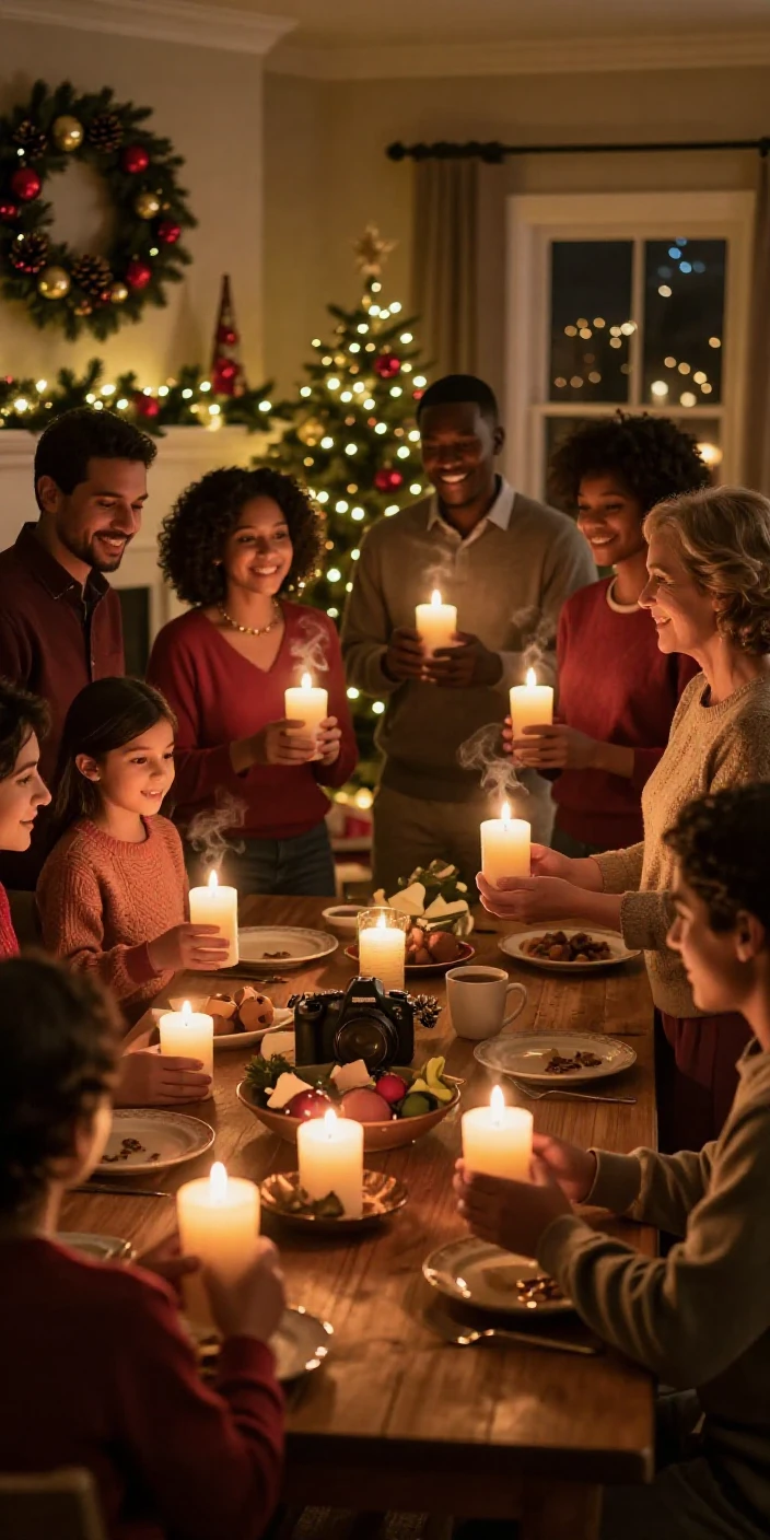 A community lighting candles together for the holiday inside a home decorated for the season