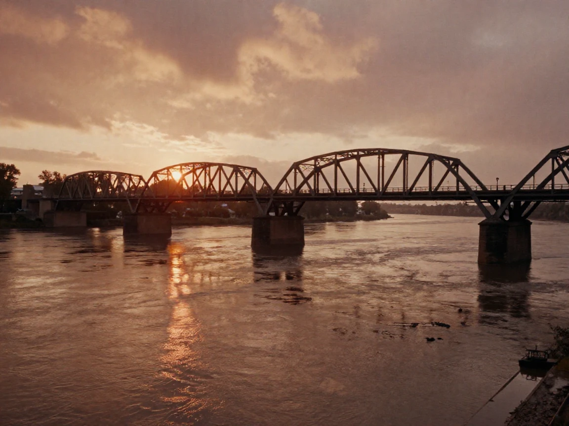 A grand old bridge arching gracefully over a wide river, under a glowing sunset sky, just after a rain shower, with puddles reflecting the sky, in the mild days of early autumn, in earthy terracotta and ochre shades, from a three-quarter angle.