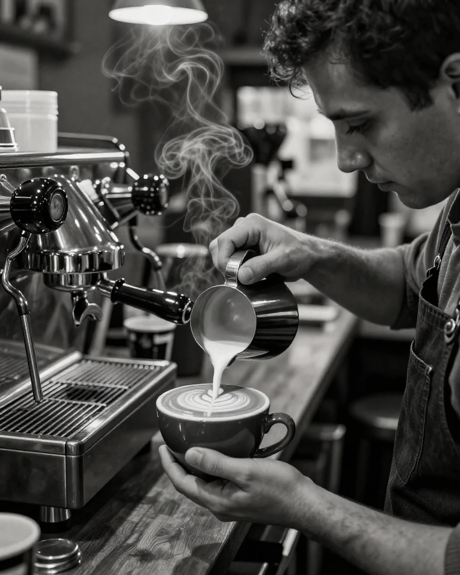 A barista pours latte art into a ceramic cup beside a hissing espresso machine.