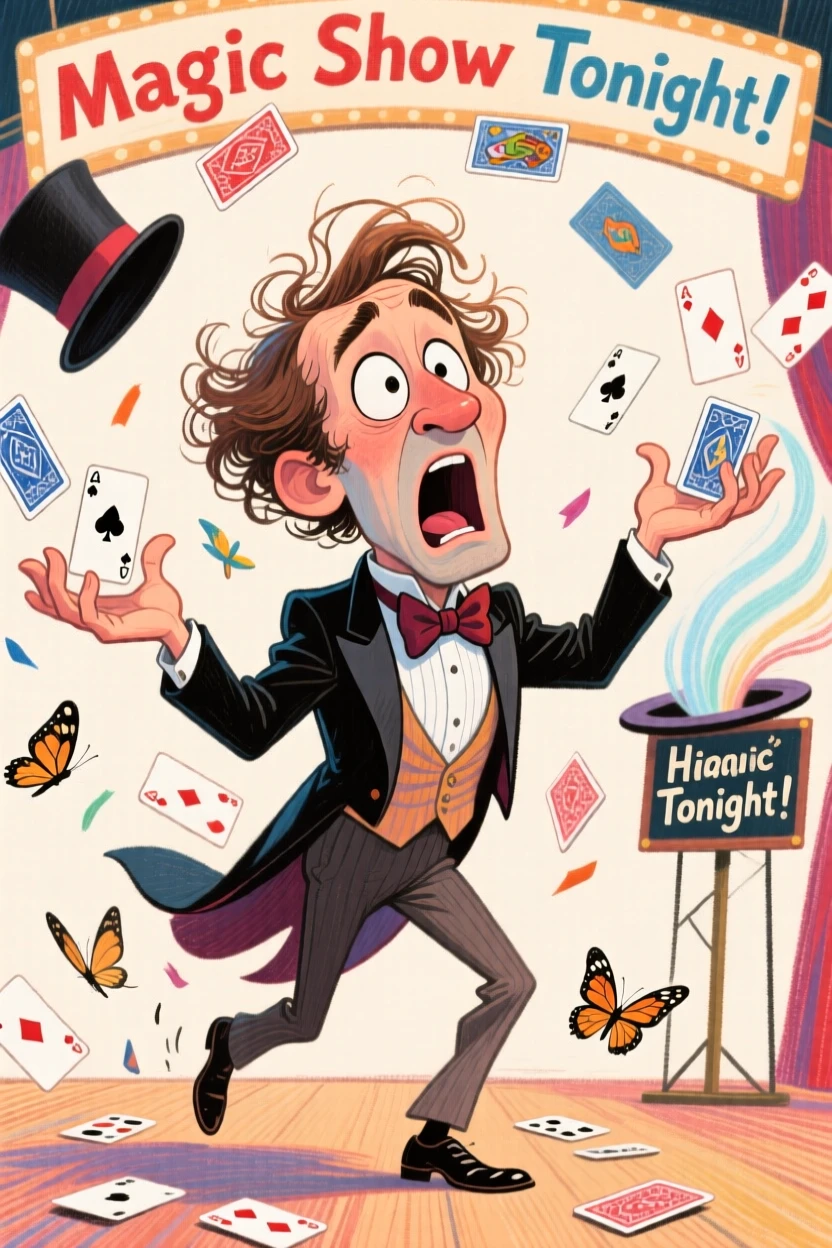 A man attempting a magic trick that visibly goes wrong, cards flying everywhere.