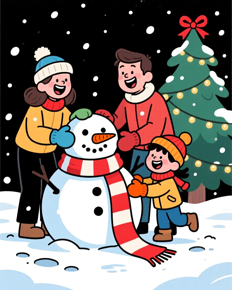 A festive celebration scene of a family building a snowman together, carrot nose slightly crooked and scarf too long.