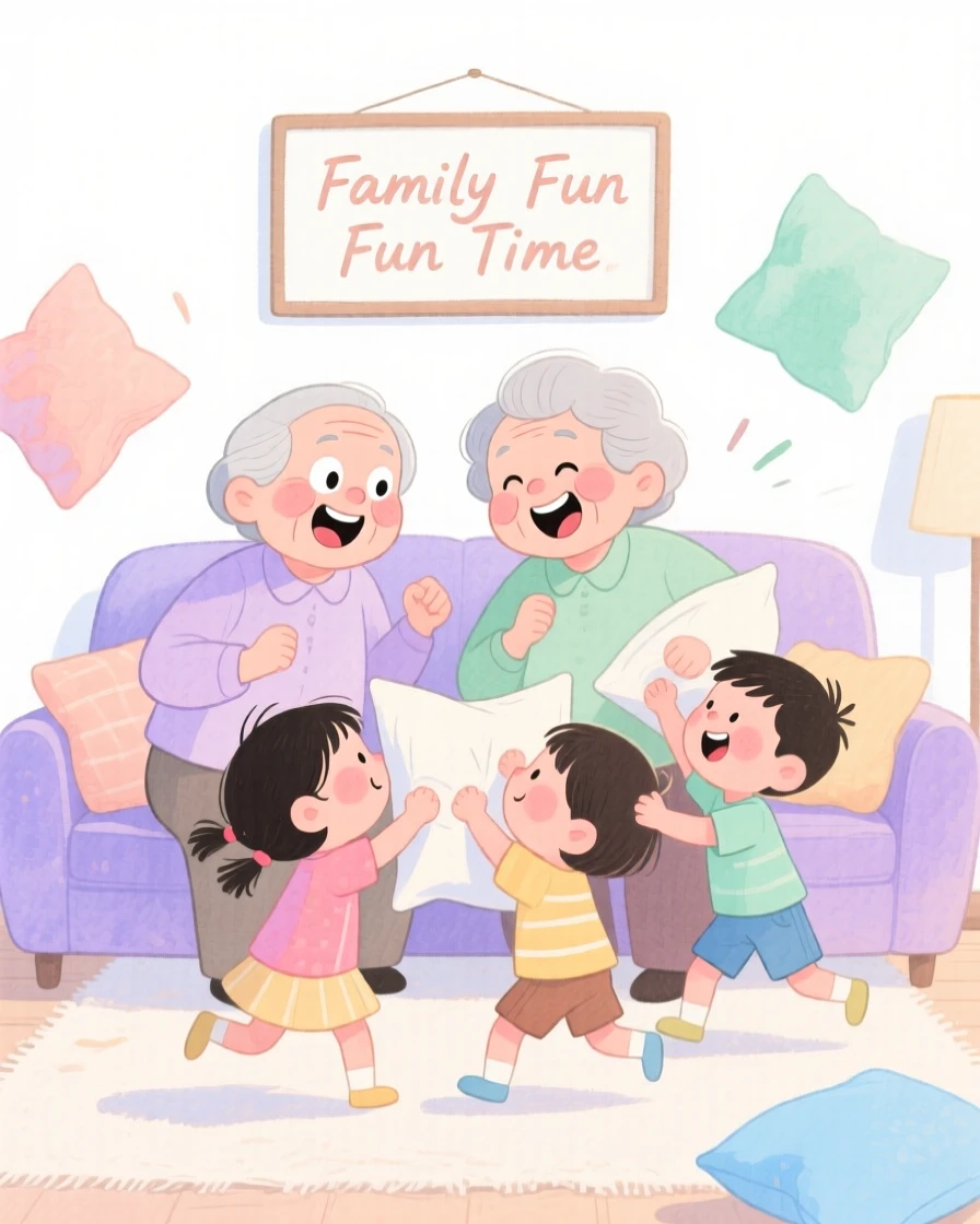 Grandparents with their grandchildren having a pillow fight in a cozy living room