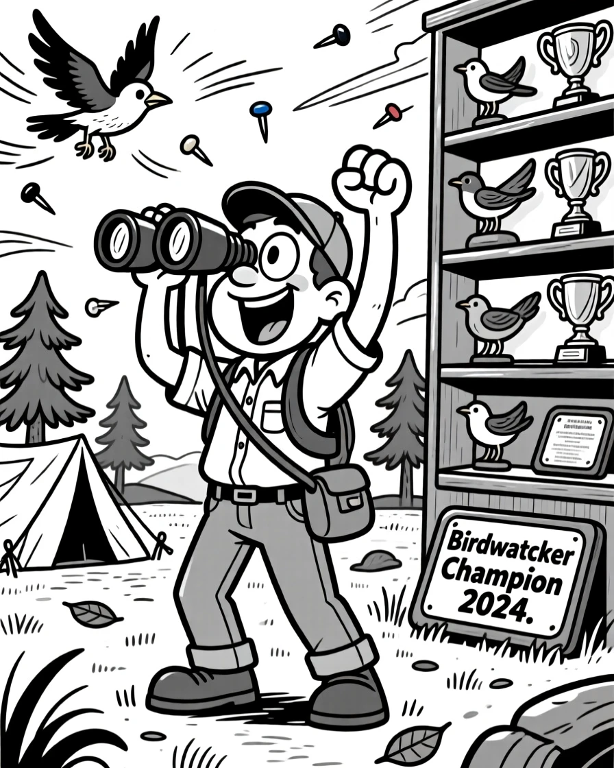 A birdwatcher peering through binoculars with wide eyes, fist-pumping as the pins scatter behind, set in a windy campsite clearing. A trophy shelf gleams in the background. It feels like the kind of memory friends laugh about for years.
