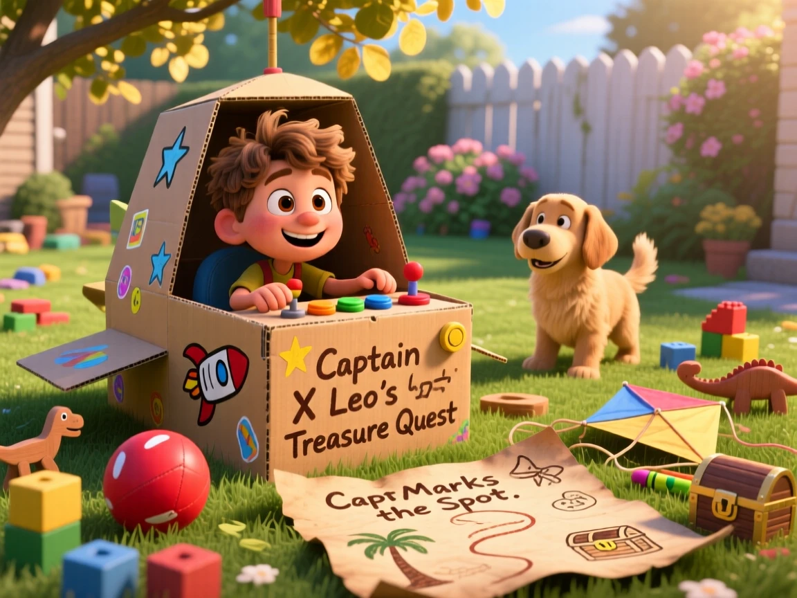 A boy piloting a cardboard-box spaceship takes place in a sunny backyard scattered with toys, with a handmade treasure map spread out nearby. A carefree, adventurous energy fills the scene.