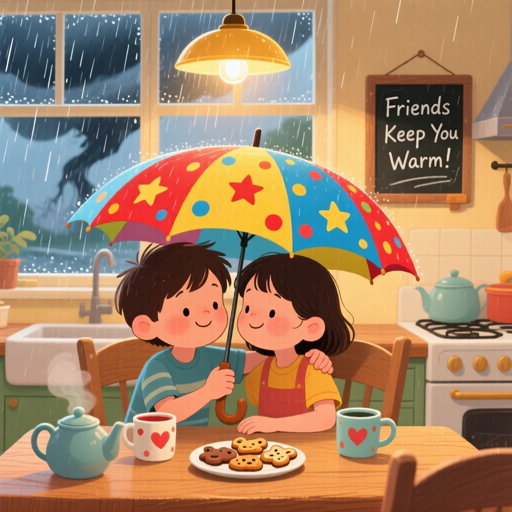 Two best friends share a tender moment sharing an umbrella during a sudden rainstorm in a warm kitchen table, with a gentle hand resting on a shoulder.