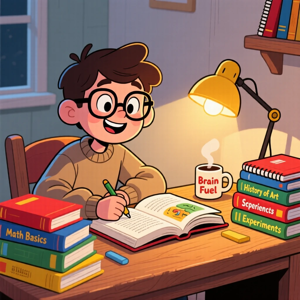 A student studying by lamplight surrounded by open books.