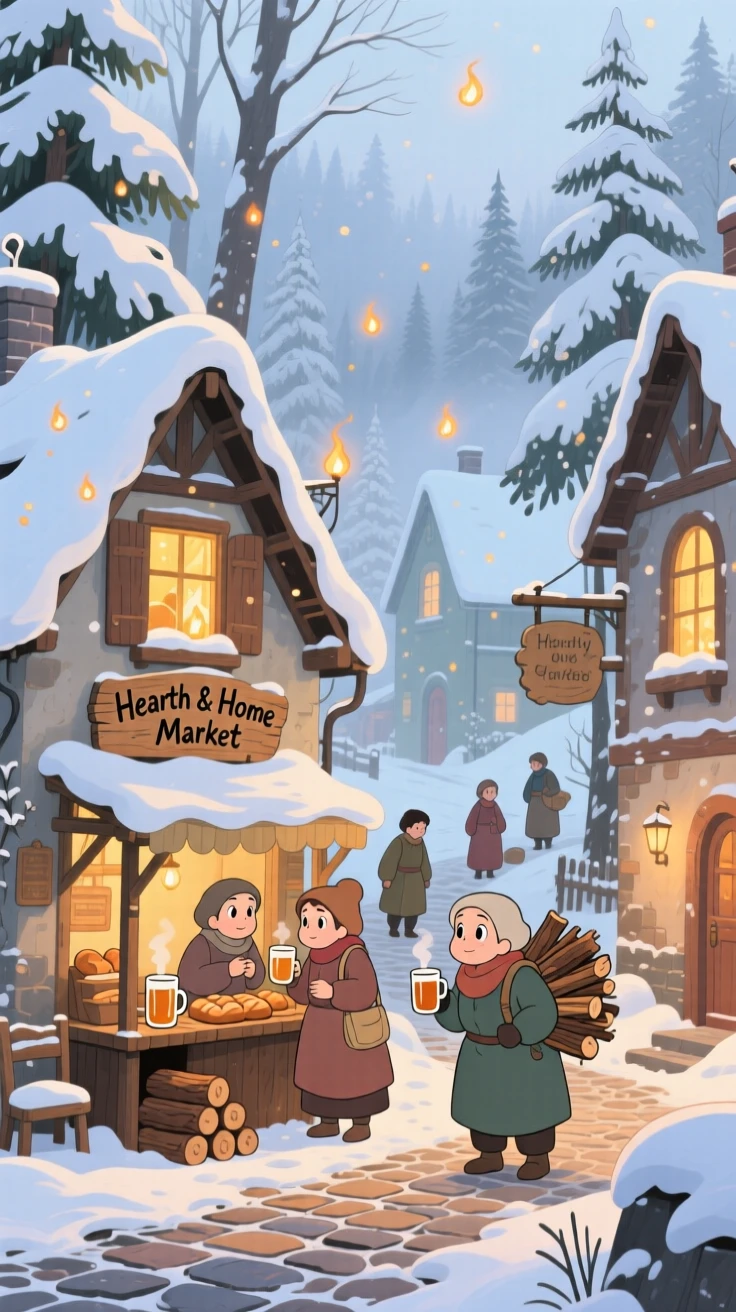 A winter scene of a village blanketed in fresh snow with warm lit windows, as townsfolk go about their day.