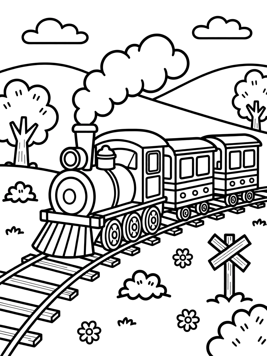 A steam locomotive pulling passenger cars through the countryside