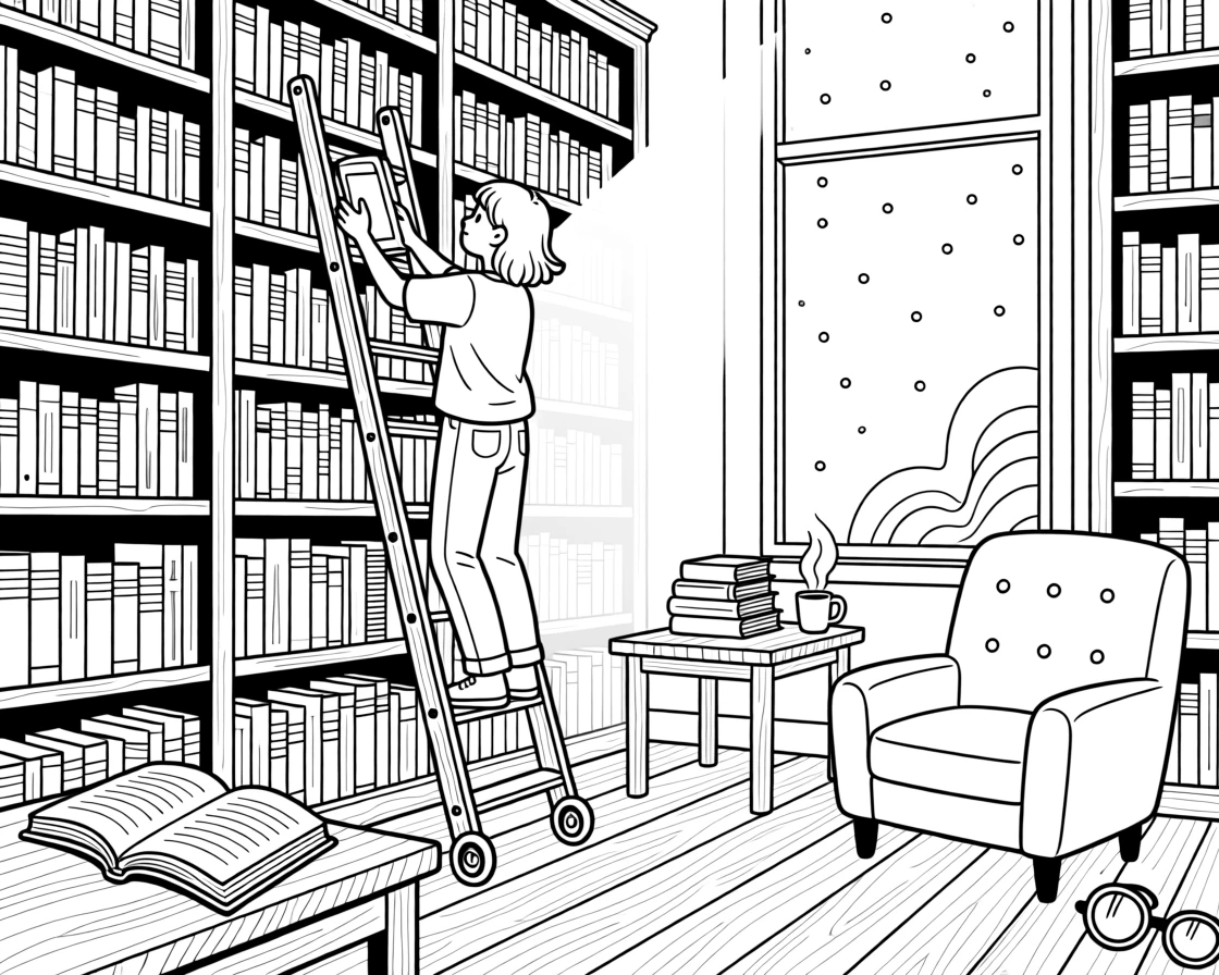A bookshop with tall shelves and a rolling ladder, with dust motes drifting in a beam of light.