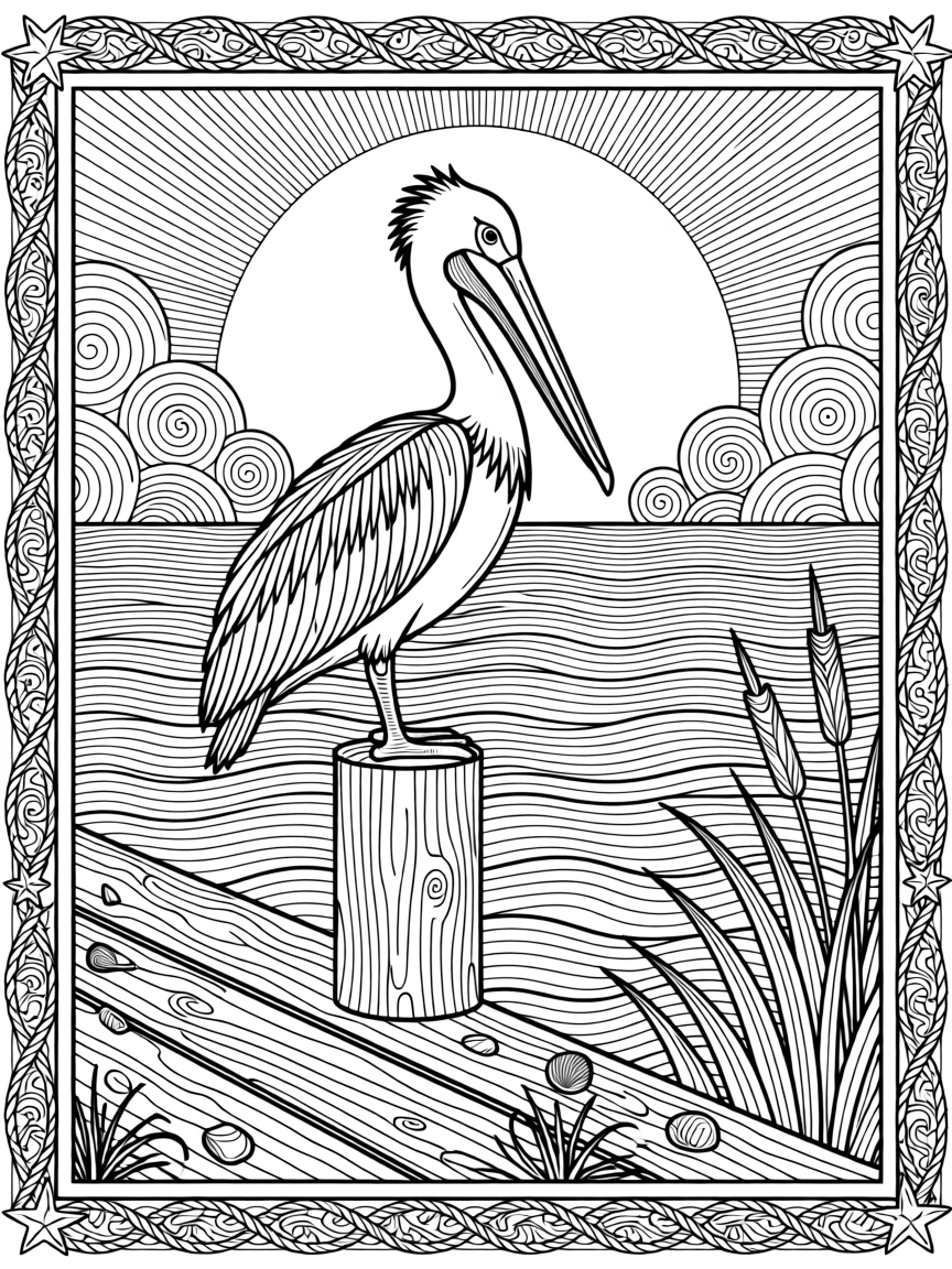 A pelican perched on a wooden dock post at sunset.