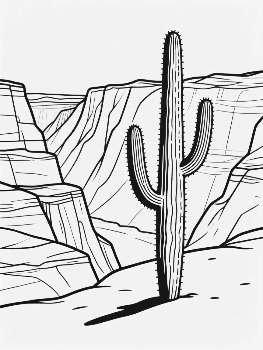 A desert canyon with a lone cactus silhouette