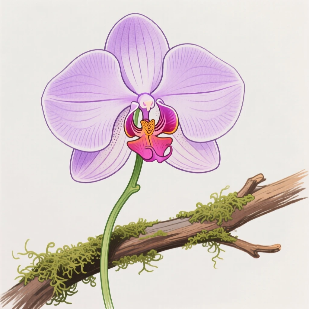 A single orchid blooming on a mossy branch.