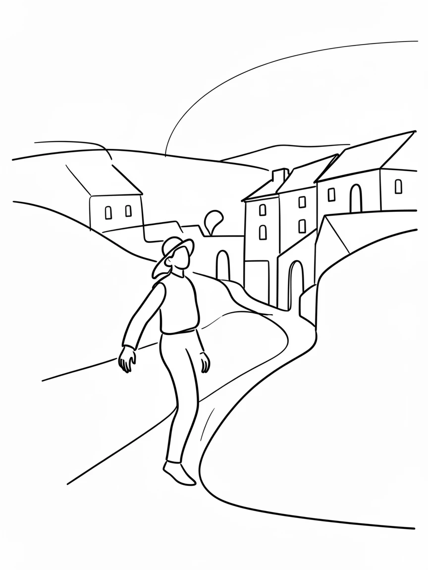 A traveler wandering through a colorful hillside town at sunrise