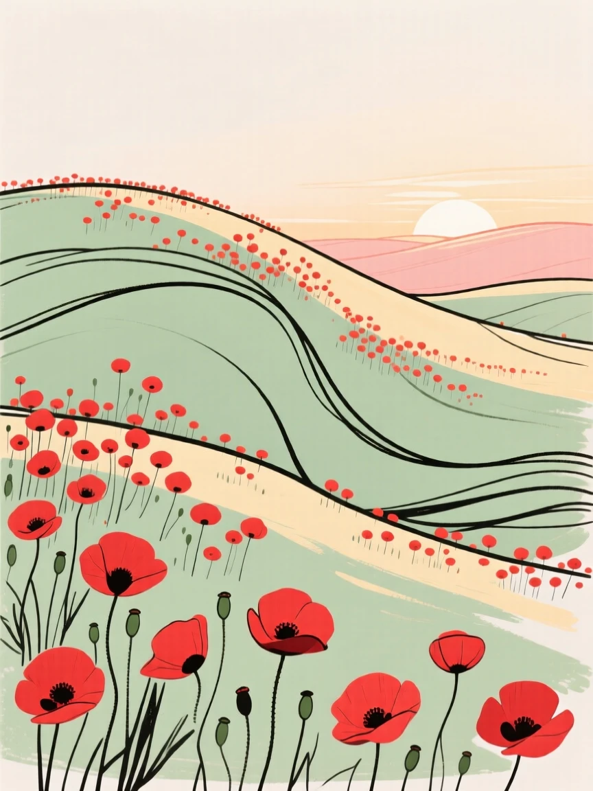 A rolling hillside covered in blooming red poppies at dawn.