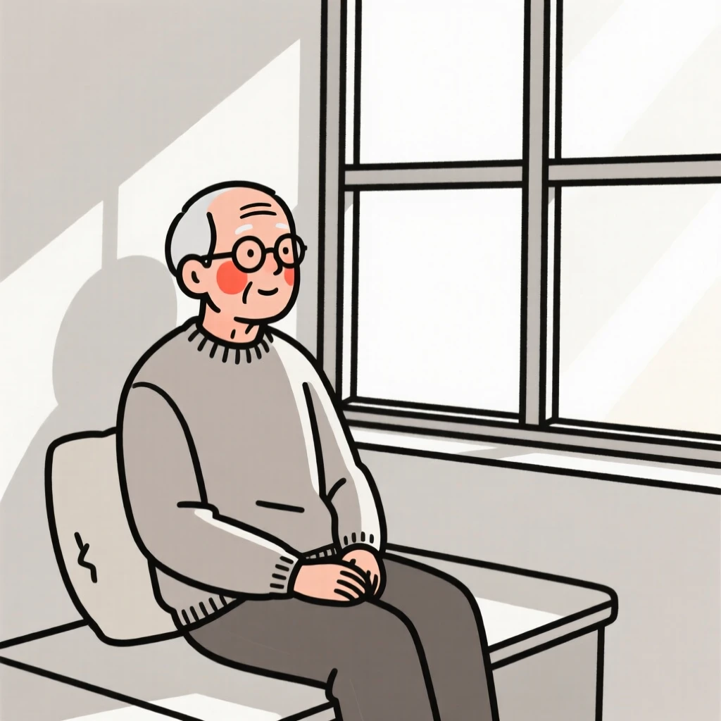 An older man reading in a sunny window nook.