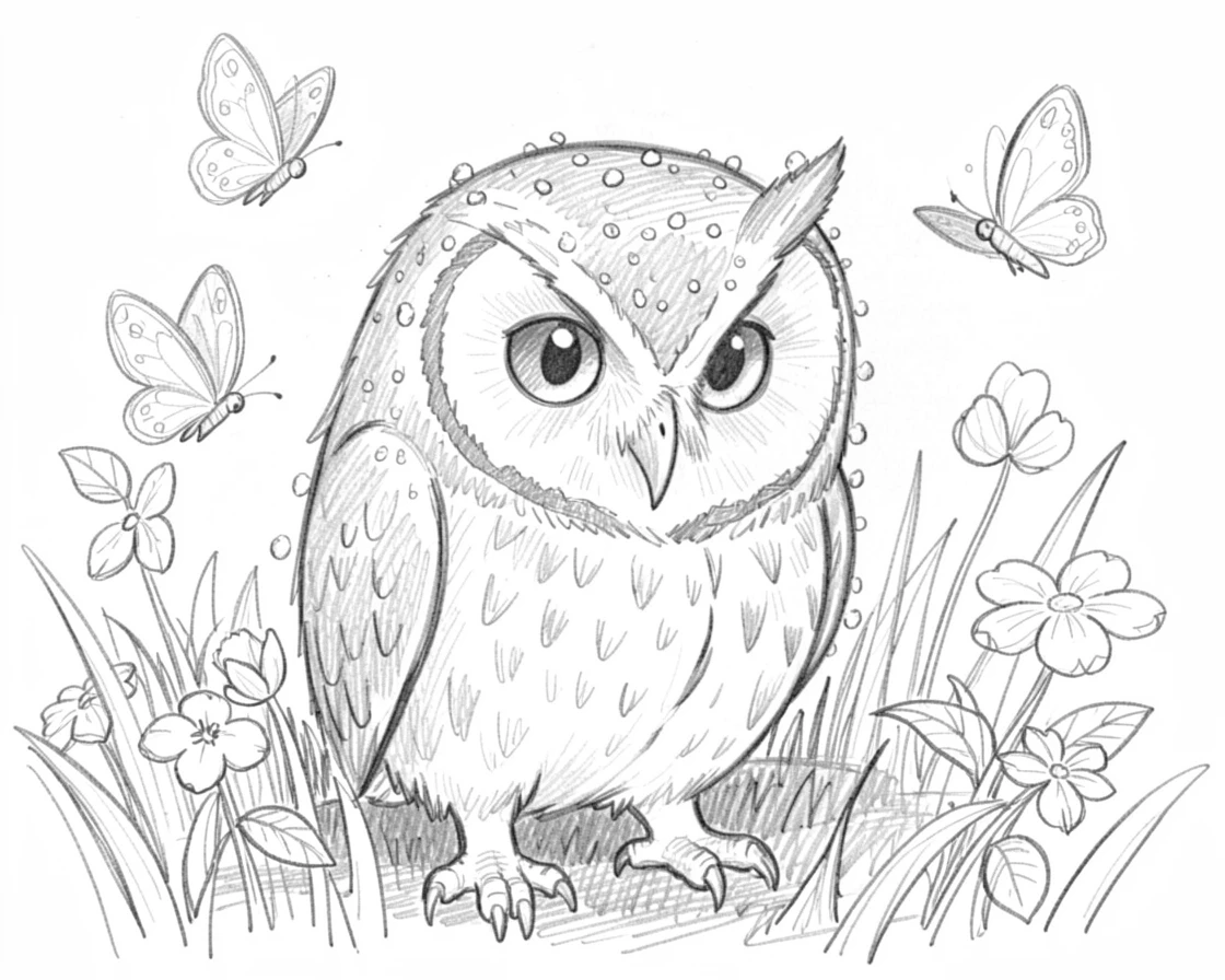 An adorable close-up of a wise-looking owl chasing butterflies through a garden, with dew drops sparkling on its fur.