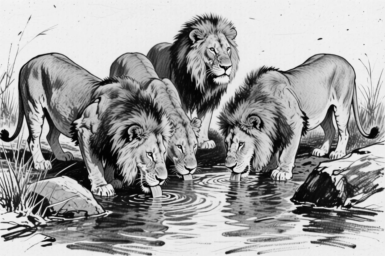 A pride of lions drinking from a crystal-clear stream.