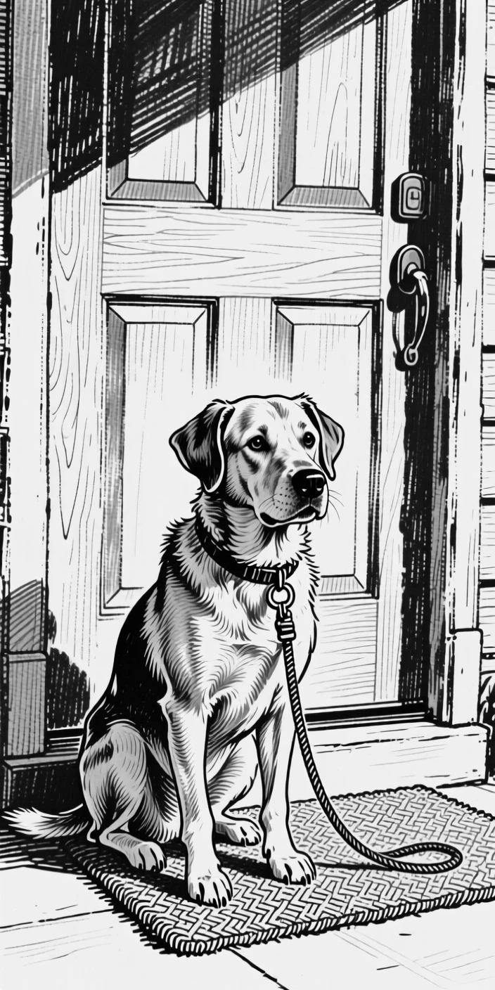 A dog patiently waiting by the front door, leash held gently in its mouth.