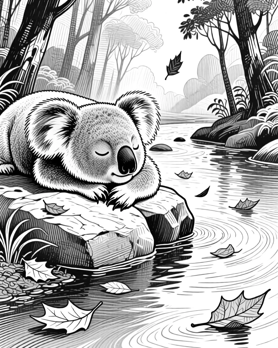 A sleepy koala beside a calm woodland stream, surrounded by falling leaves, capturing a tender and protective moment in nature with a strong, centered focal point.