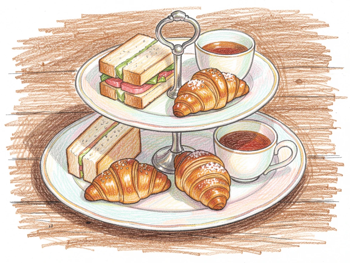 A tiered afternoon tea tray with sandwiches and pastries, arranged casually on a rustic wooden surface, capturing a quiet, satisfying morning ritual.