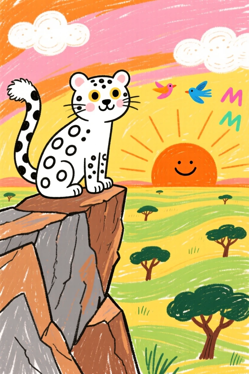 A snow leopard on a rocky cliff at golden sunset on the African plains.
