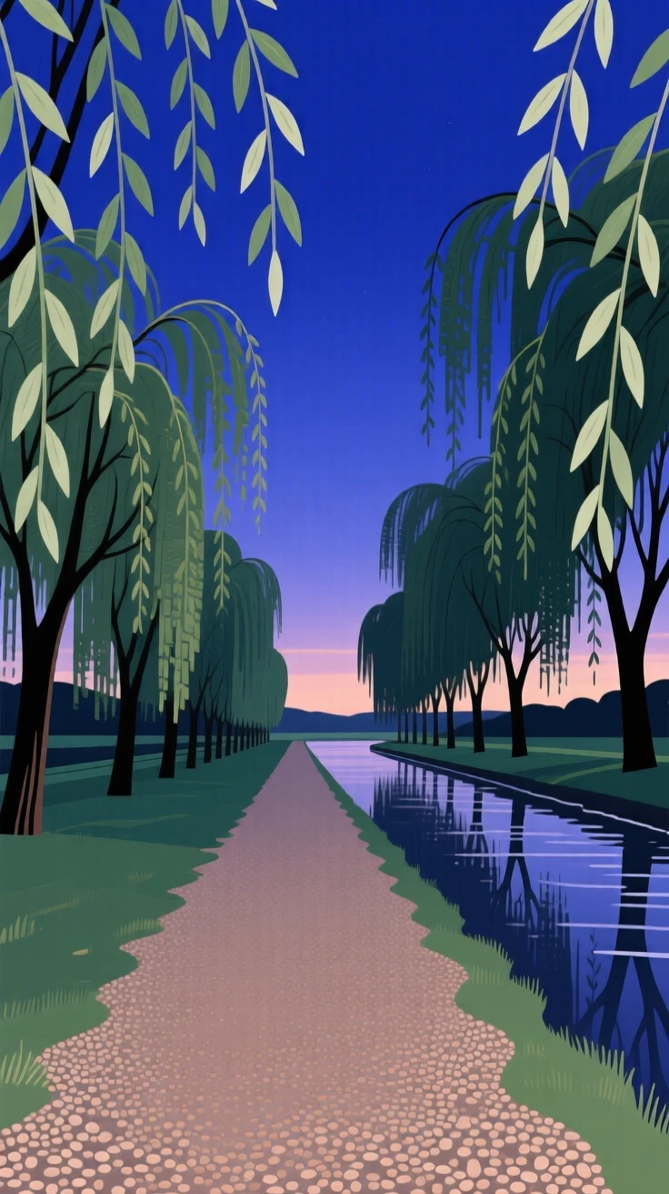 A peaceful riverside path lined with weeping willows, under a deep indigo twilight sky, framed symmetrically to create a calm, balanced feel, with delicate textures visible in every leaf and petal.