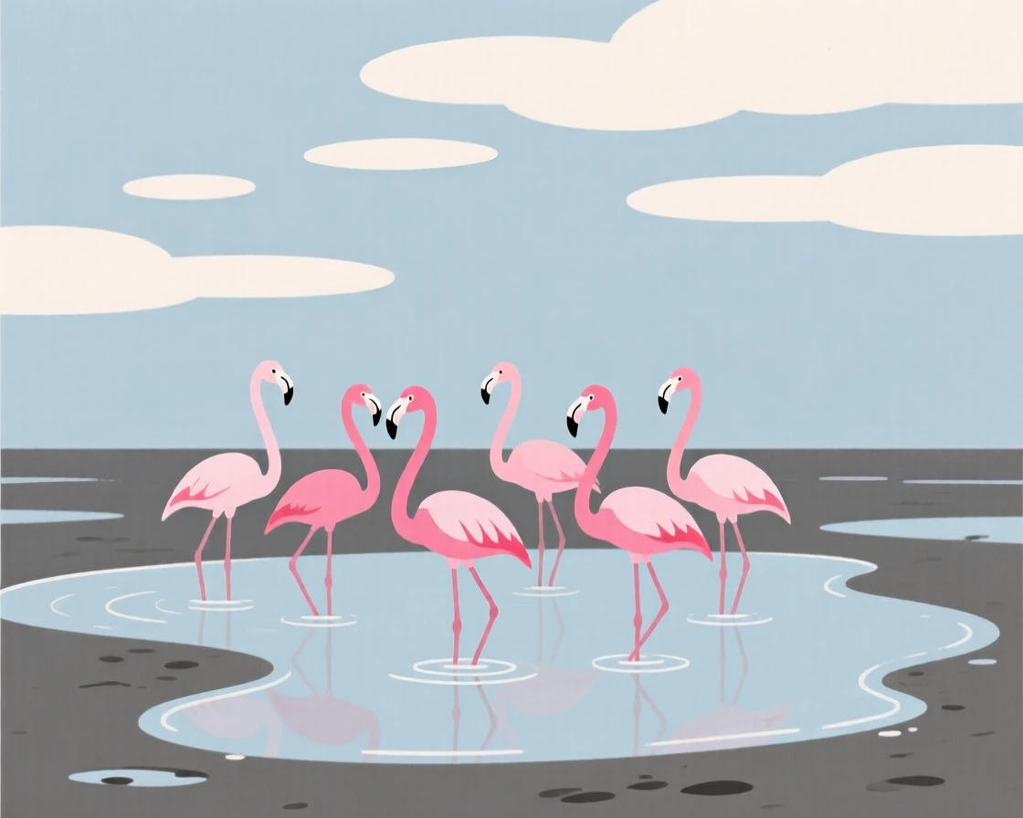 A curious flamingo flock pausing in a tide pool at low tide, with drifting clouds in the background, radiating wild freedom.