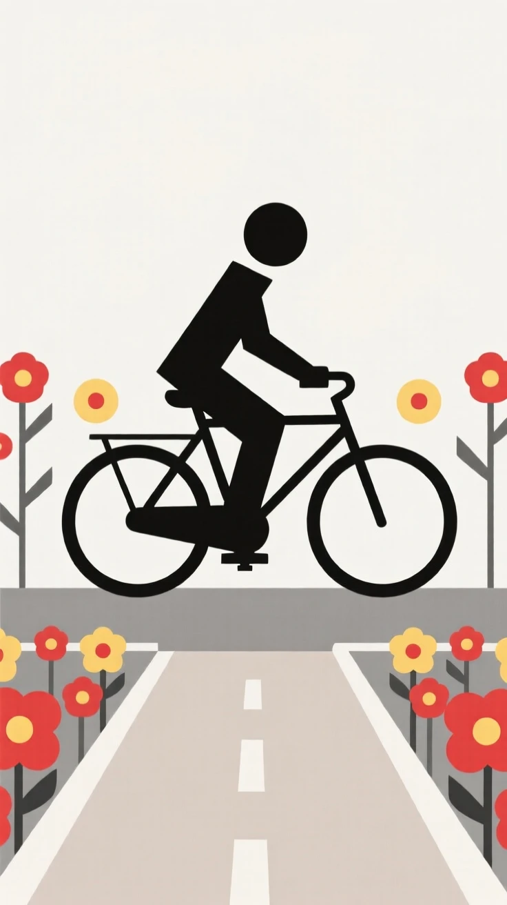 A person riding a bicycle through a flower-lined street