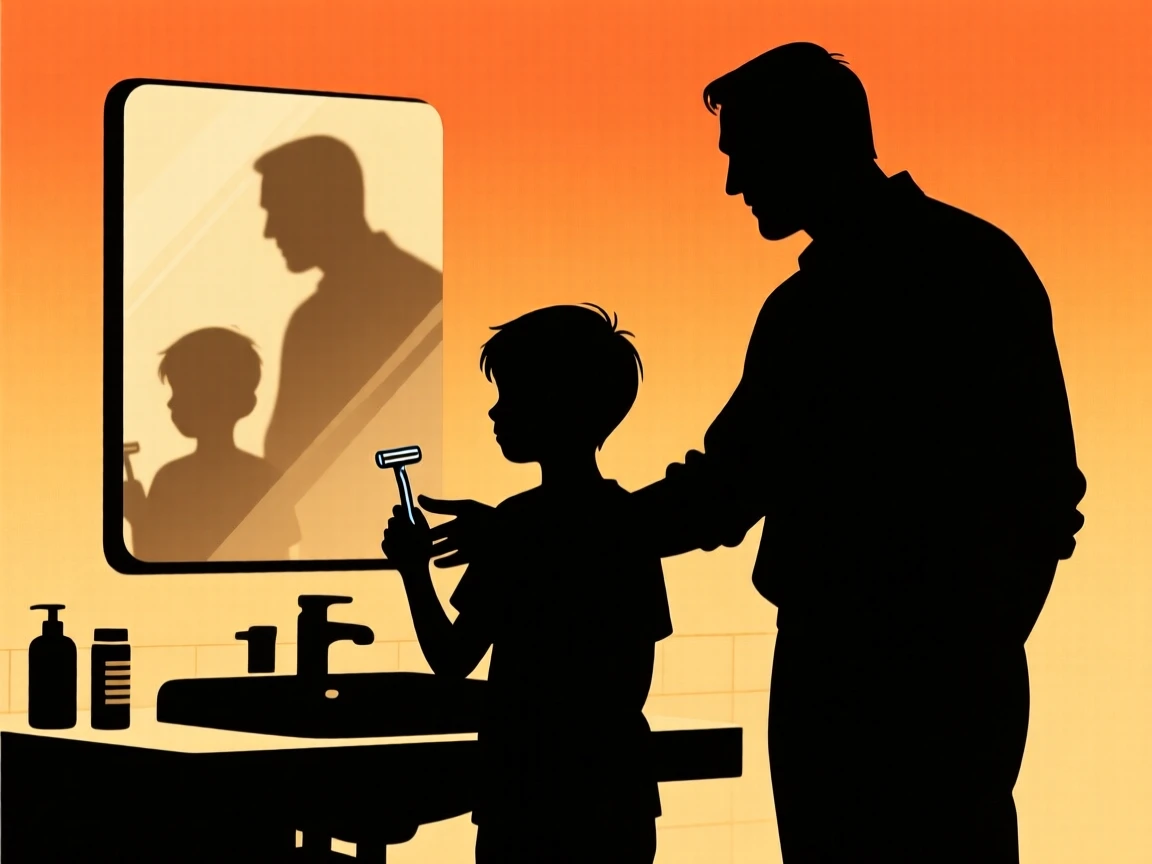 A father showing his teenage son how to shave, both facing a bathroom mirror.