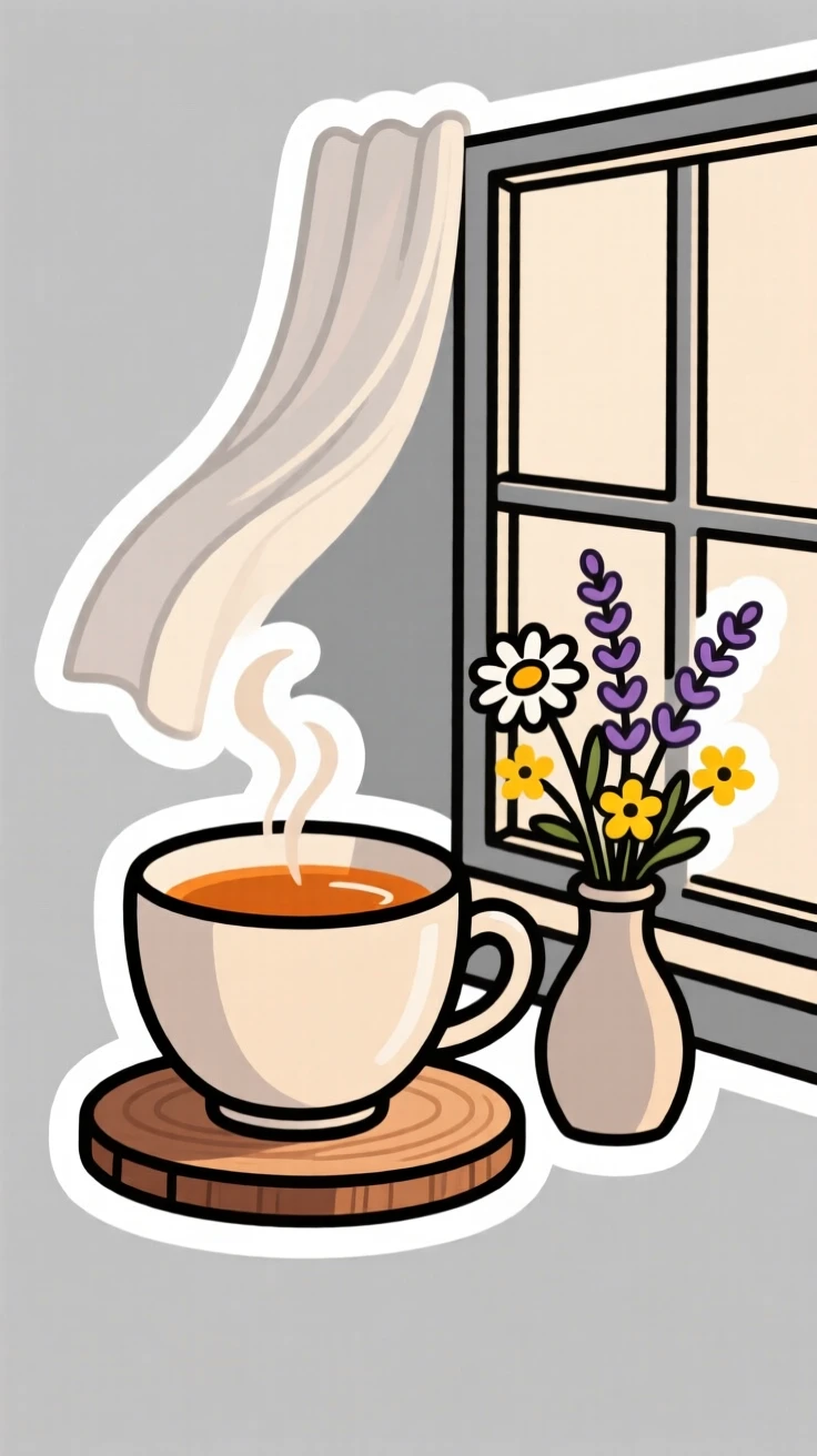 A homely cup of herbal tea, arranged beside a small vase of wildflowers, next to an open window with sheer curtains.