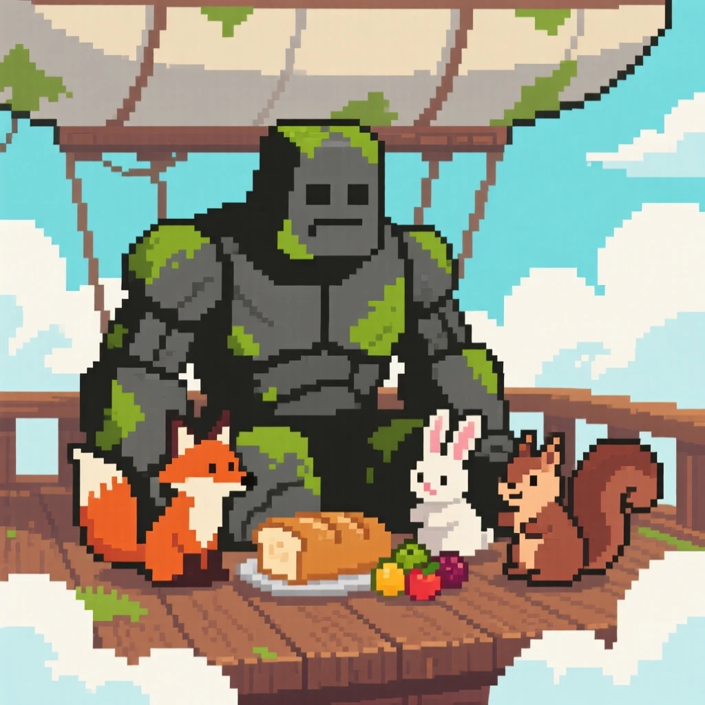 A moss-covered stone golem sharing a meal with woodland creatures, on the deck of an airship among the clouds.