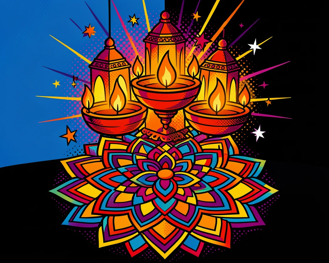 A Diwali celebration with lit lanterns and rangoli patterns