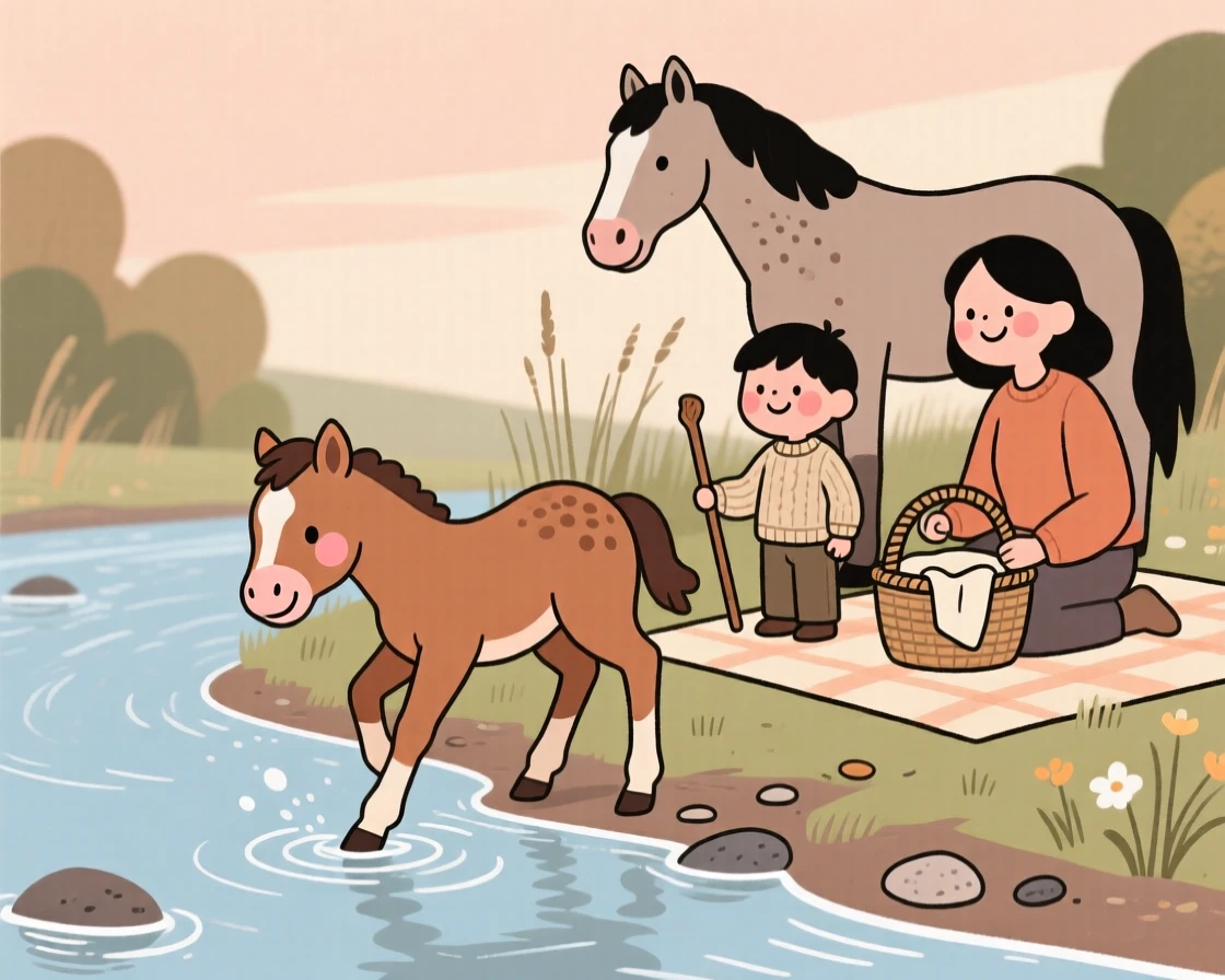 A newborn foal explores a riverbank for the first time, testing the water with one paw while a nearby group of onlookers watches with gentle patience.