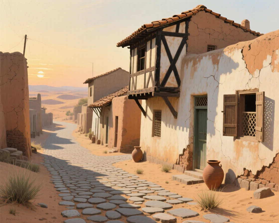 A sweeping wide shot of a narrow cobblestone street lined with leaning half-timbered houses, in the Sahara desert, in the 1940s, in late afternoon.