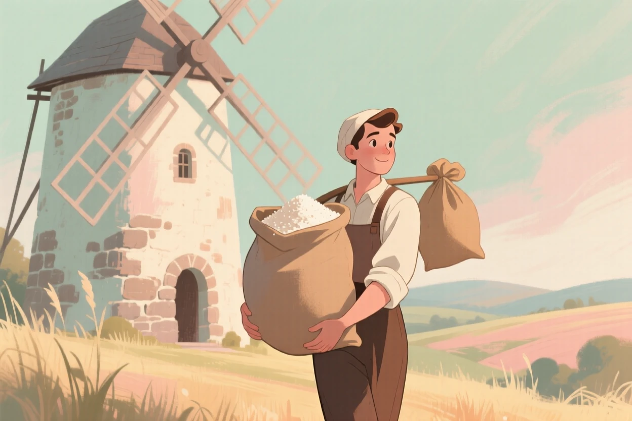 A miller carrying sacks of flour from an old stone windmill