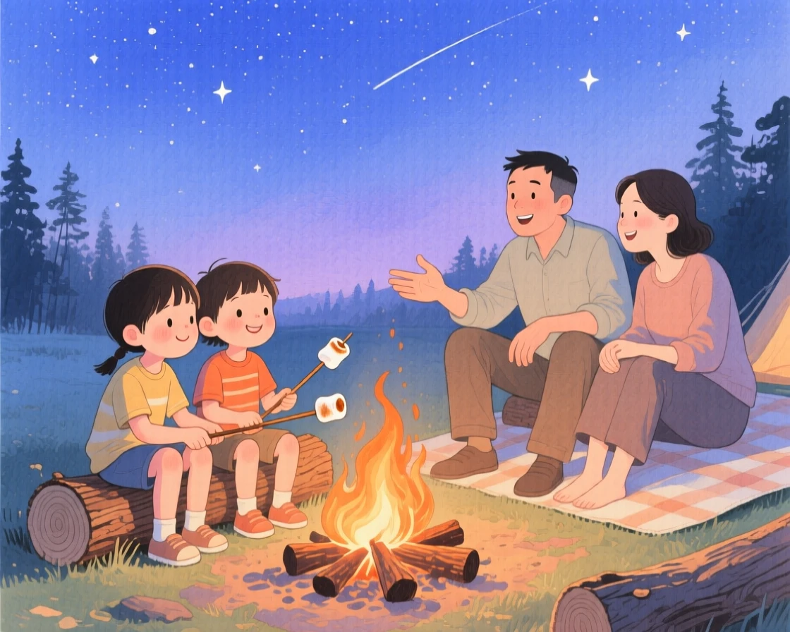 Siblings roast marshmallows over a crackling campfire while their parents tell stories under a starry sky
