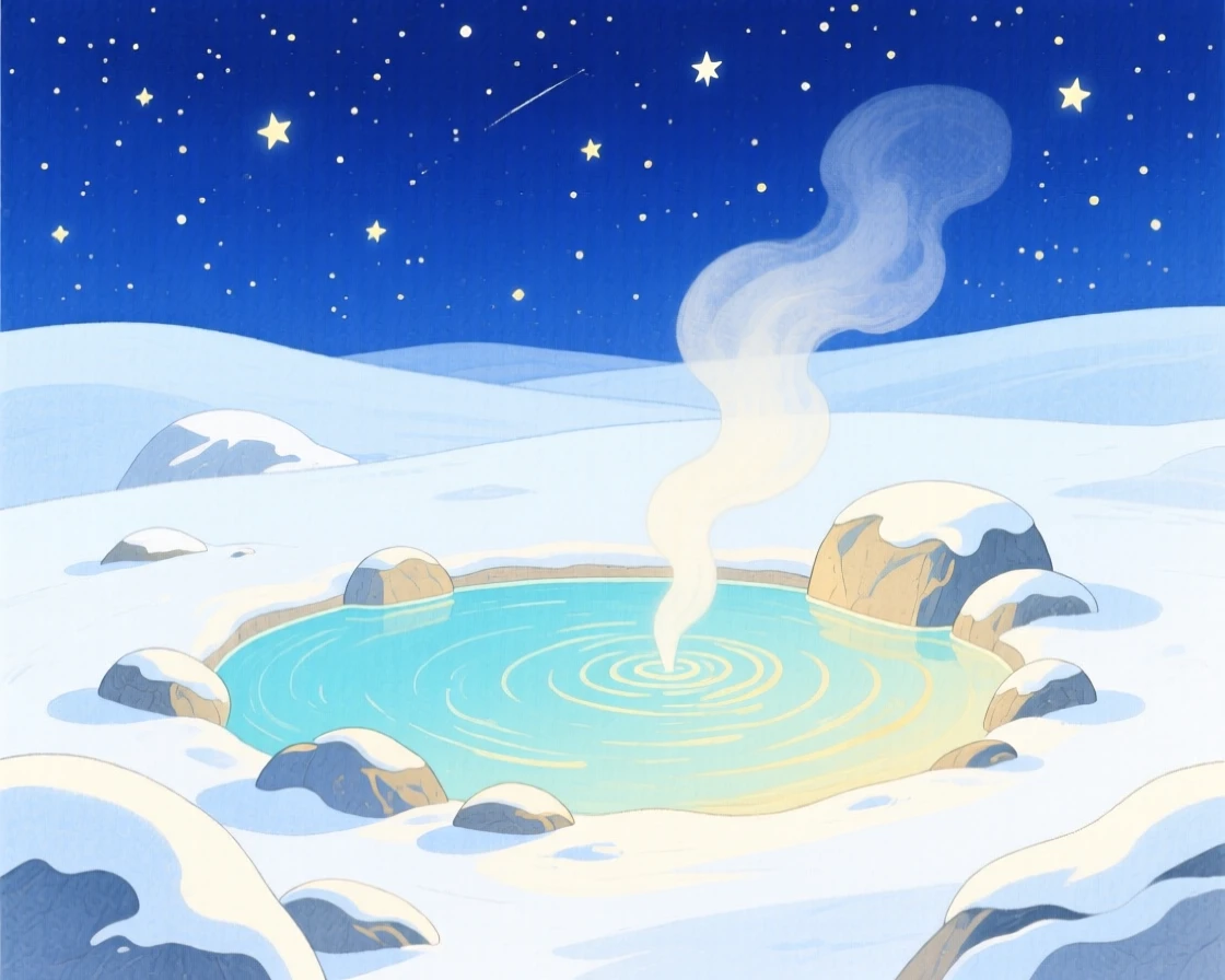 A hot spring steaming in a snowy landscape, peaceful and vast, beneath a starry night sky.
