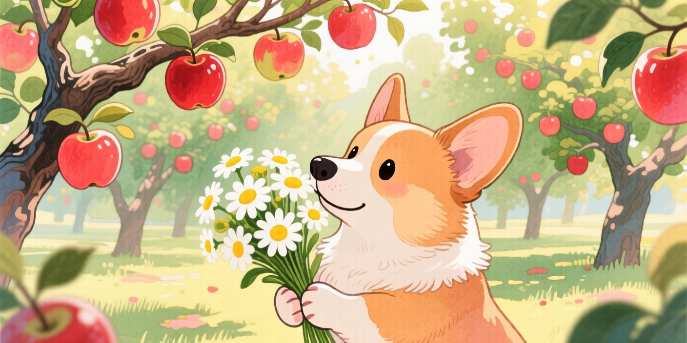 A playful corgi sniffing a bouquet of daisies, set in an orchard heavy with ripe apples, evoking warmth and gentle affection.