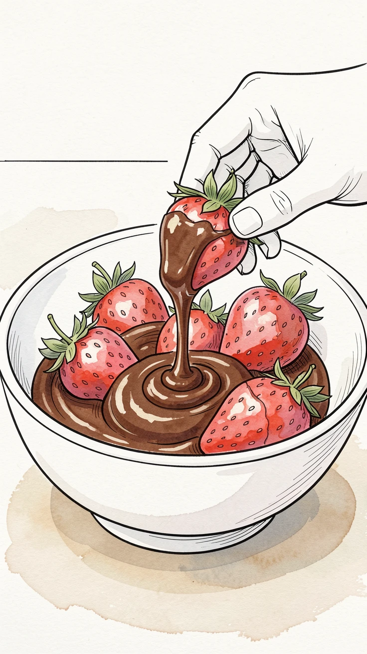 A bowl of fresh strawberries being dipped in melted chocolate at a kitchen counter