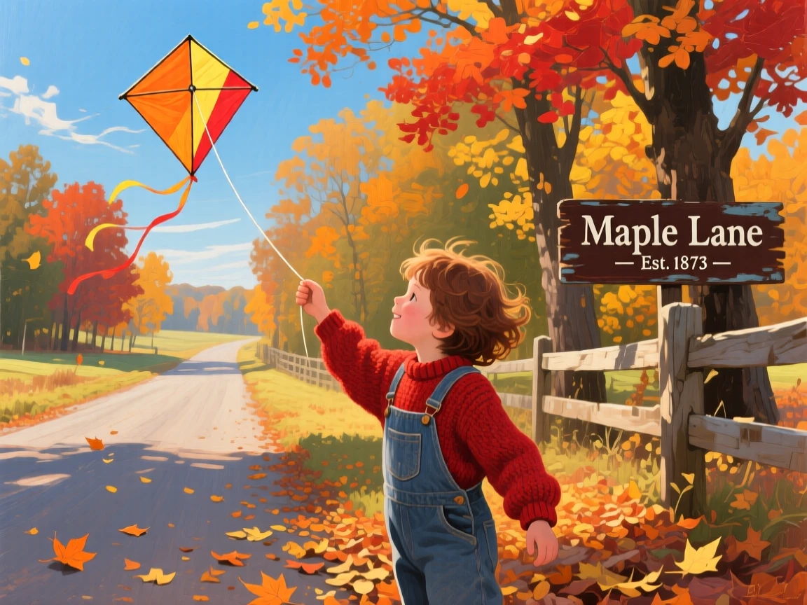 a child flying a kite beside a country lane, on a crisp autumn morning, from an inviting eye-level viewpoint.