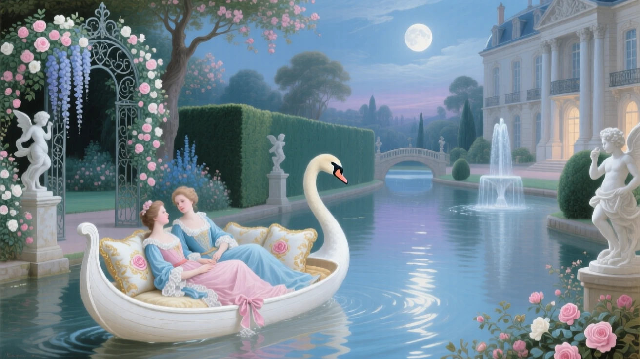 A swan boat gliding through a palace garden canal beneath a full moon  