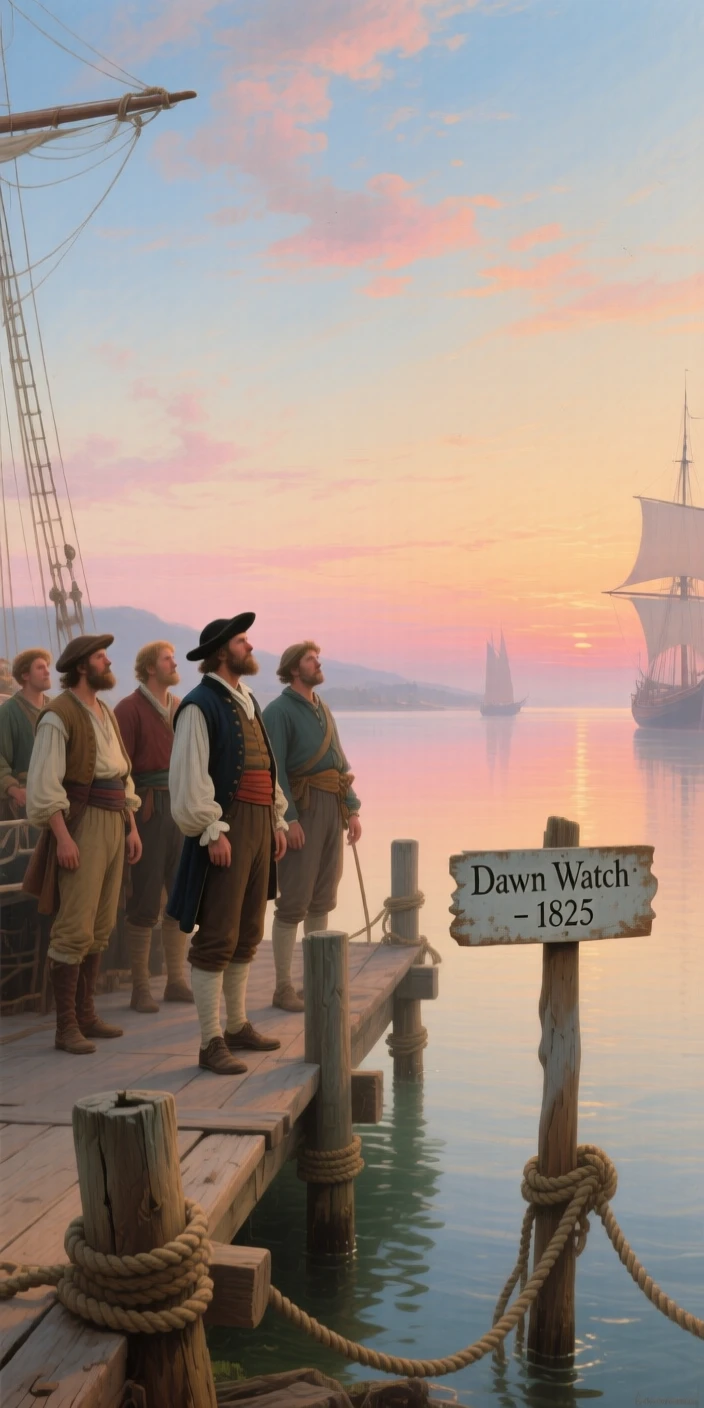 A crew of sailors gazes out over a pier stretching into calm waters at the break of dawn.