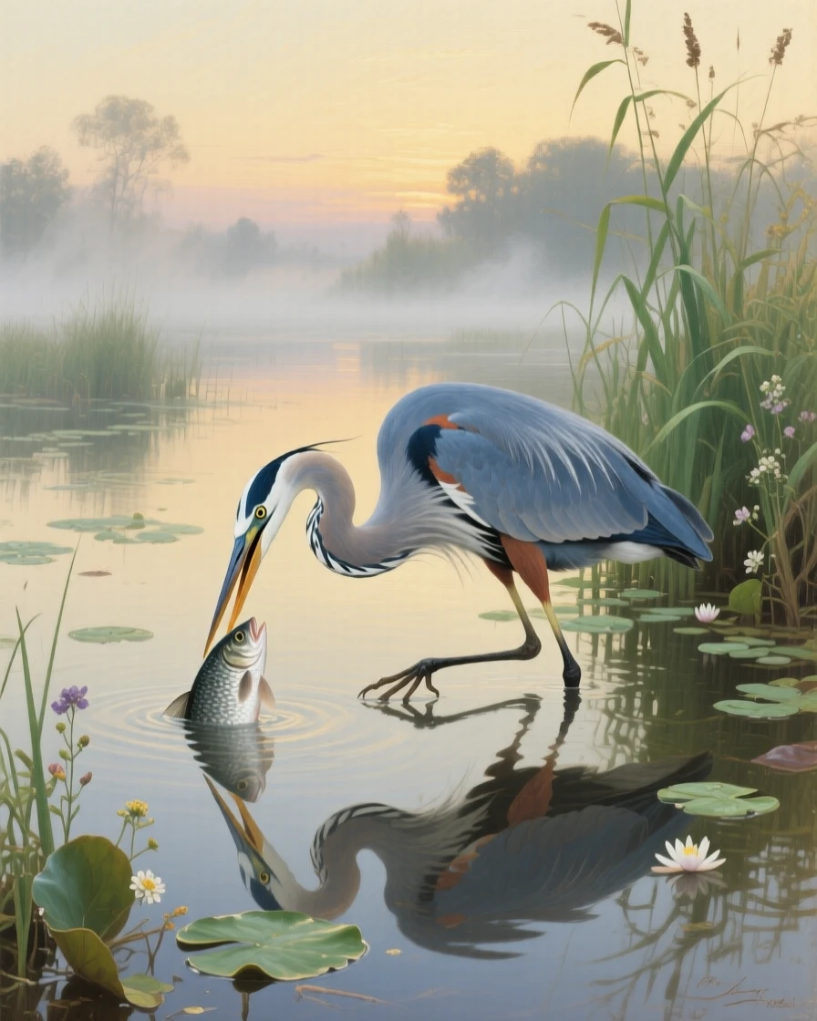 A great blue heron spearing a fish in a quiet marsh at dawn, muscles tensed with powerful, controlled grace, showing the animal in its truest, most authentic element