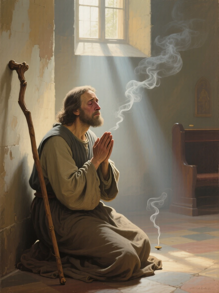 A grieving figure finding solace in a quiet moment of prayer at the quiet culmination of a long inner journey, set within a sunlit chapel filled with drifting incense smoke, with modest robes, a well-worn staff, and a face lined with quiet devotion; vertical light from above draws the eye toward transcendence, suggesting the enduring comfort of belief and community.
