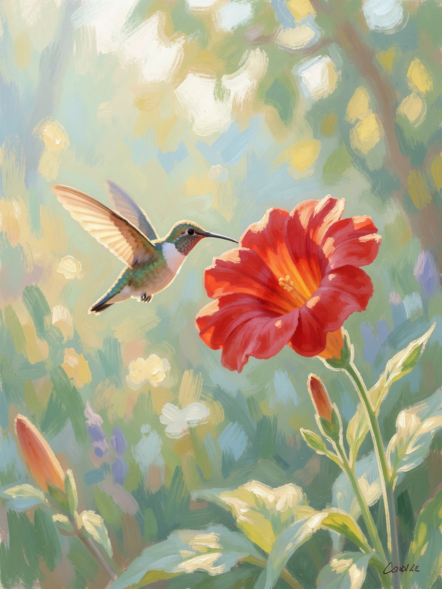 A hummingbird hovering beside a trumpet-shaped red flower, wings a blur of motion in the morning light.