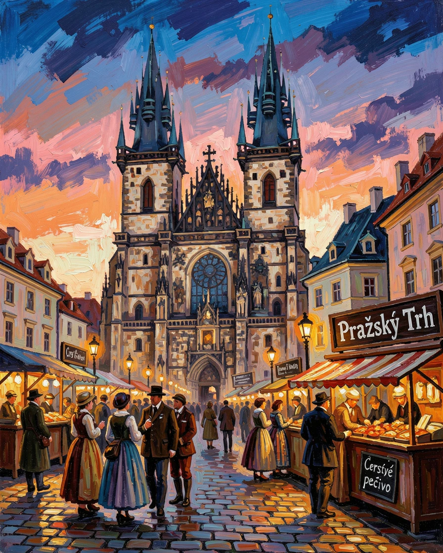A historic town square in Prague at dusk, gothic spires rising above a bustling plaza.